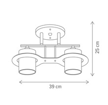 Schiță a unei lămpi de tavan cu două becuri și dimensiunile de 39 pe 25 de centimetri.