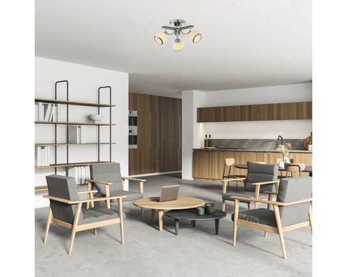 Living cu plafonieră, fotolii și rafturi