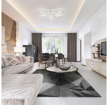 Living modern cu canapea, covor și plafonieră circulară