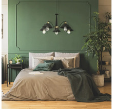 Dormitor cu pat, lampă și plantă de interior