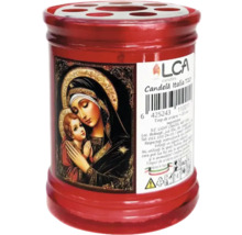 Lumânare roșie cu motiv religios și orificii multiple pentru fitile