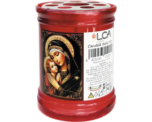 Candelă Italia LCA T 20cu capac anti-vânt durata de ardere 32 h Lumânare roșie cu motiv religios și orificii multiple pentru fitile