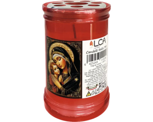 Lumânare roșie de ofrandă cu motivul Madonei și o durată de ardere de aproximativ 45 de ore.