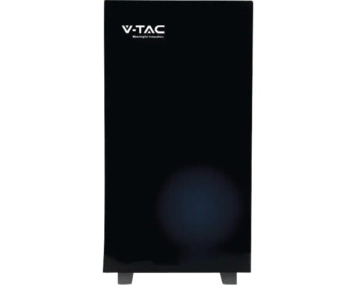 Logo V-TAC pe un aparat dreptunghiular negru cu picioare.