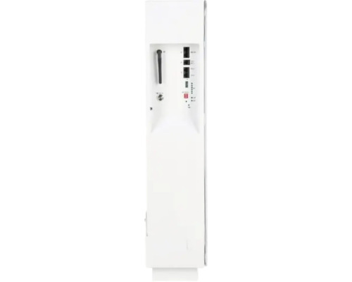 Gateway smart home alb pentru montare pe șină cu porturi de rețea, antenă și indicatori de stare.