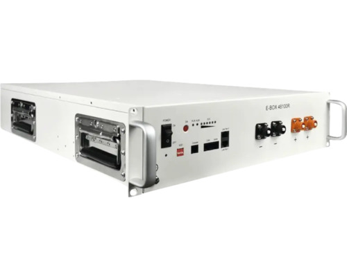 Stocare baterie cu litiu E-BOX 48100R pentru sisteme solare cu mânere și panou frontal cu indicatoare luminoase și conexiuni.