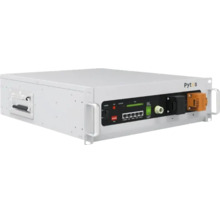 Modul de stocare a energiei cu baterie litiu Pytes pentru rack, cu porturi de conectare și indicatori de stare.