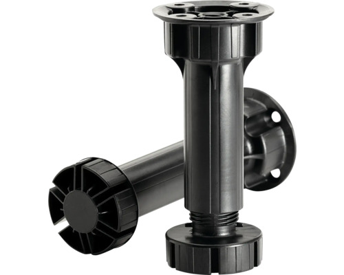 Două picioare de mobilier negre, reglabile, din plastic