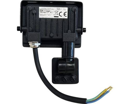 Partea din spate a unui reflector LED negru cu cablu și borne de conectare