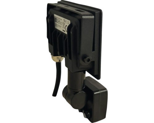 Reflector LED negru de exterior cu suport reglabil.
