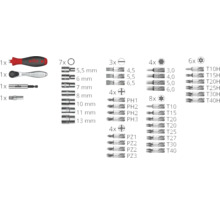Set scule Wiha cu mâner șurubelniță, clichet, tubulare și biți Torx, Phillips, Pozidriv, crestat și hexagonal.