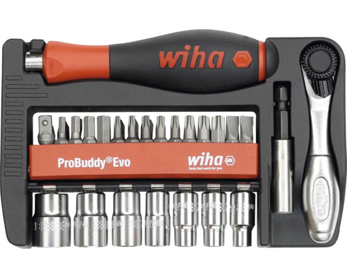 Set de scule Wiha ProBuddy Evo cu clichet, mâner de șurubelniță, biți și capete tubulare în suport. Wiha Logo.