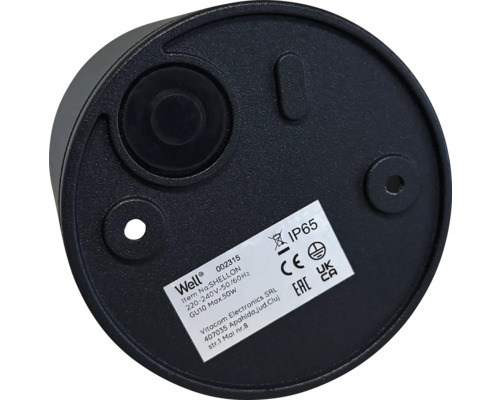 Partea inferioară a unei lămpi cu specificațiile produsului și gradul de protecție IP65.