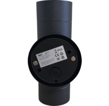 Corp de iluminat exterior negru cu informații despre produs pe partea inferioară