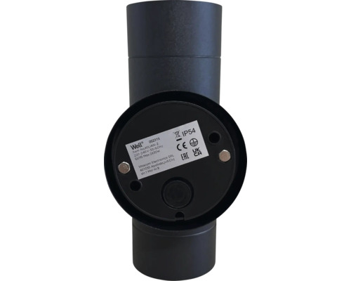 Corp de iluminat exterior negru cu informații despre produs pe partea inferioară