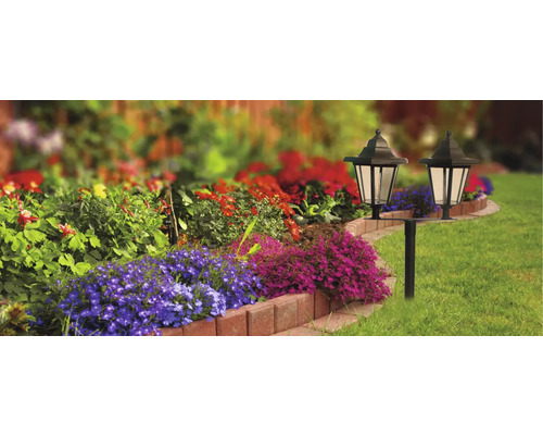 Scenă de grădină cu flori și două lămpi de grădină