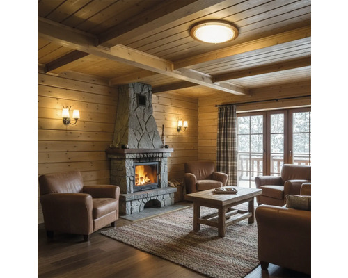 Living cu pereți din lemn, șemineu din piatră și fotolii din piele