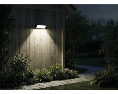 Vedere exterioară a unei case cu o lampă de perete luminoasă, înconjurată de plante și o potecă