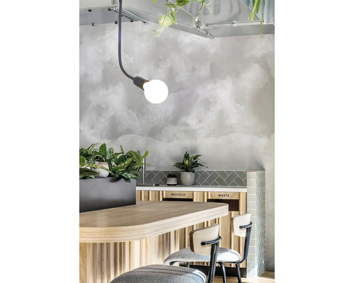 Interior cu lampă, masă, scaune și plante pentru o impresie luminoasă și organizată.