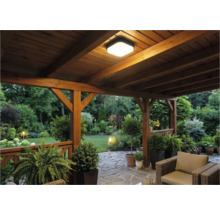 Terasa acoperită cu plafonieră și vedere la grădină