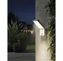 Imagine de exterior iluminată, cu o lampă de perete dreptunghiulară cu senzor de mișcare lângă plante.