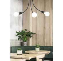 Scenă de interior cu lampă suspendată, mese din lemn, bancă și plante de interior