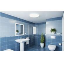 Baie luminoasă cu duș, chiuvetă, oglindă și toaletă