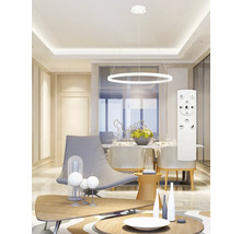 Living modern cu corp de iluminat suspendat circular și telecomandă