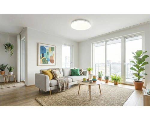 Living luminos cu canapea, masă, covor și plante de interior.