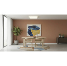 Sufragerie luminoasă cu masă din lemn, scaune și plafonieră.