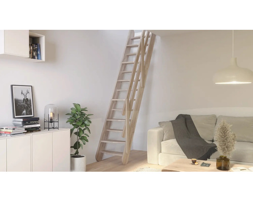 Scară modulară din lemn cu mână curentă într-un living modern și luminos pentru acces la mansardă.