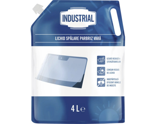 Lichid de spălare parbriz vară Industrial, 4 litri, în ambalaj flexibil cu mâner. Îndepărtează insectele și reduce uzura ștergătoarelor.