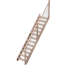 Scară interioară dreaptă din lemn cu trepte deschise, balustradă din lemn și bare metalice orizontale.