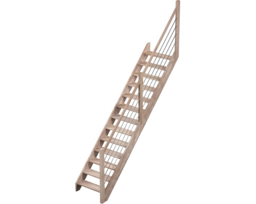 Scară interioară dreaptă din lemn cu trepte deschise, balustradă din lemn și bare metalice orizontale.
