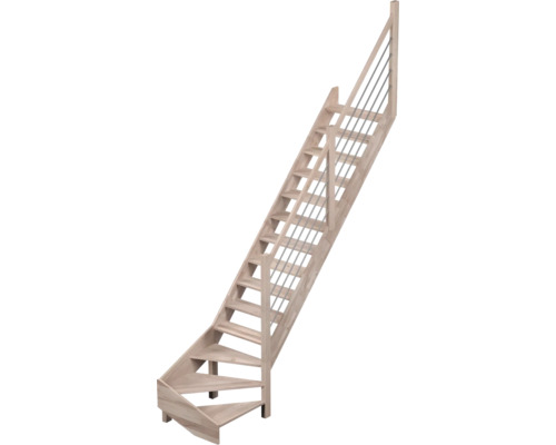 Scară din lemn cu sfert de întoarcere stânga jos, trepte deschise, balustradă cu stâlpi din lemn și tije metalice orizontale.