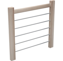 Balustradă pentru scări din lemn cu cinci bare metalice orizontale și doi stâlpi.