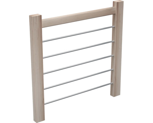 Balustradă pentru scări din lemn cu cinci bare metalice orizontale și doi stâlpi.