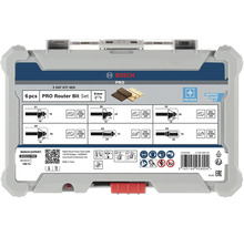 Set de 6 freze pentru mașină de frezat Bosch PRO cu tijă de 8 milimetri în cutie cu date tehnice și simboluri de siguranță.