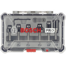 Bosch Logo pe un set de șase freze Bosch Pro în cutie de plastic transparentă pentru mașini de frezat lemn.