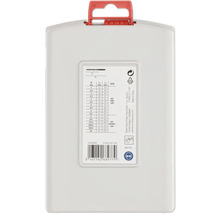 Spatele cutiei din plastic pentru burghie cu mâner roșu, tabel cu dimensiuni, turații și instrucțiuni pentru protecția ochilor și răcire.