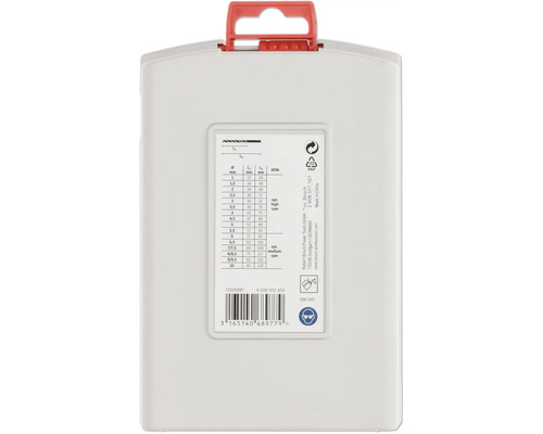 Spatele cutiei din plastic pentru burghie cu mâner roșu, tabel cu dimensiuni, turații și instrucțiuni pentru protecția ochilor și răcire.