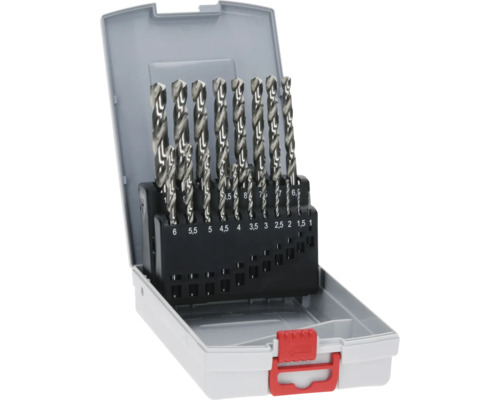 Set de burghie elicoidale din oțel în cutie de plastic gri cu închizătoare roșie și marcaje pentru dimensiuni.