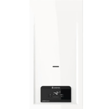 Centrală termică albă pe gaz în condensație Ariston Akros Plus X cu afișaj digital de 42 de grade Celsius și panou de comandă negru.