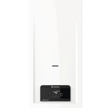 Centrală termică murală în condensație pe gaz Ariston Akros Plus X, albă, cu afișaj digital și indicator de 42 de grade Celsius.