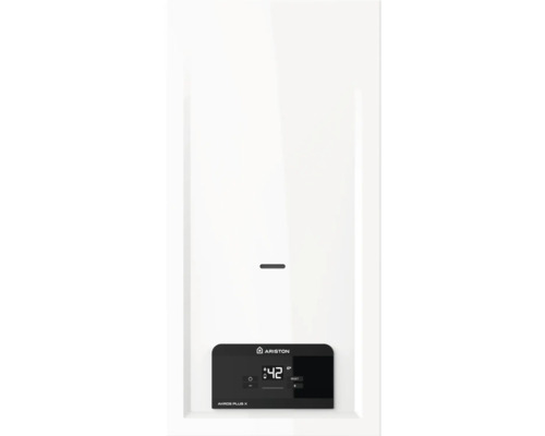 Centrală termică murală în condensație pe gaz Ariston Akros Plus X, albă, cu afișaj digital și indicator de 42 de grade Celsius.