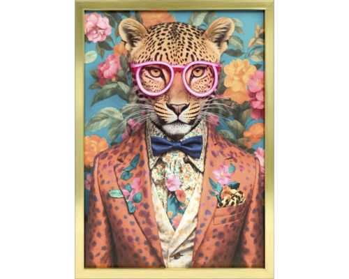 Imagine înrămată a unui leopard cu ochelari, papion și sacou pe un fundal floral