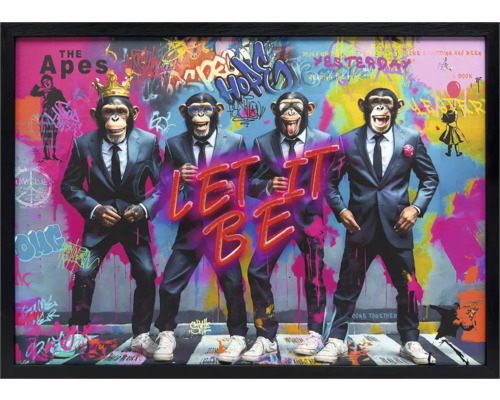 Imagine de perete înrămată cu patru maimuțe în costume pe un fundal de graffiti