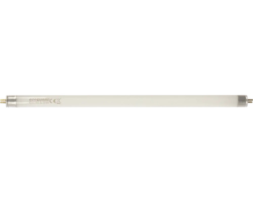 Tub fluorescent Ecoguard cu soclu cu pini la ambele capete și marcaj de conformitate europeană.
