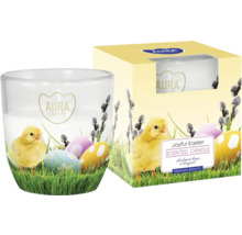 Lumânare parfumată Aura Joyful Easter în pahar și ambalaj cu motiv de pui și ouă
