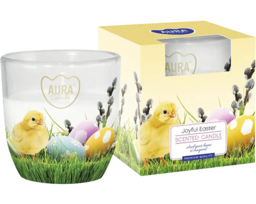 Lumânare parfumată Aura Joyful Easter în pahar și ambalaj cu motiv de pui și ouă